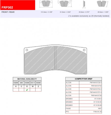 24A-FRP201R PASTIGLIE/BRAKE PADS FERODO RACING DS3000 CATERHAM stock AP up-grade